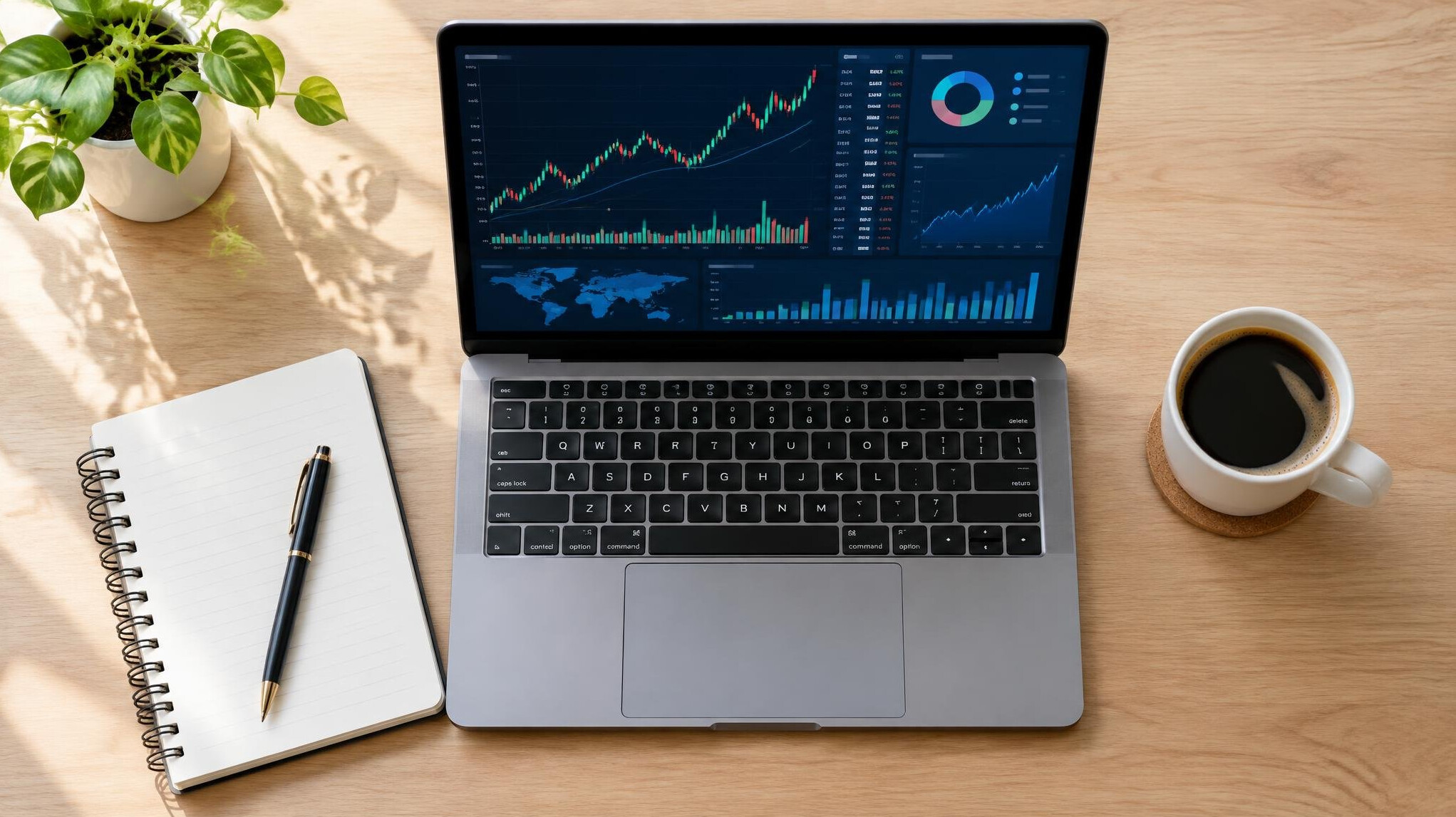 Laptop showing analytics charts on a desk with notebook