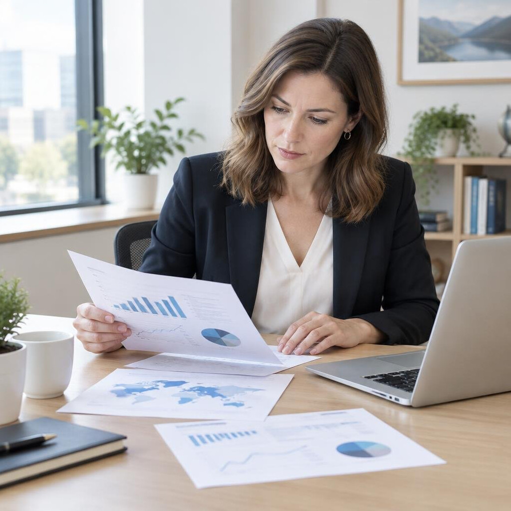 Documents and laptop on a desk during market analysis
