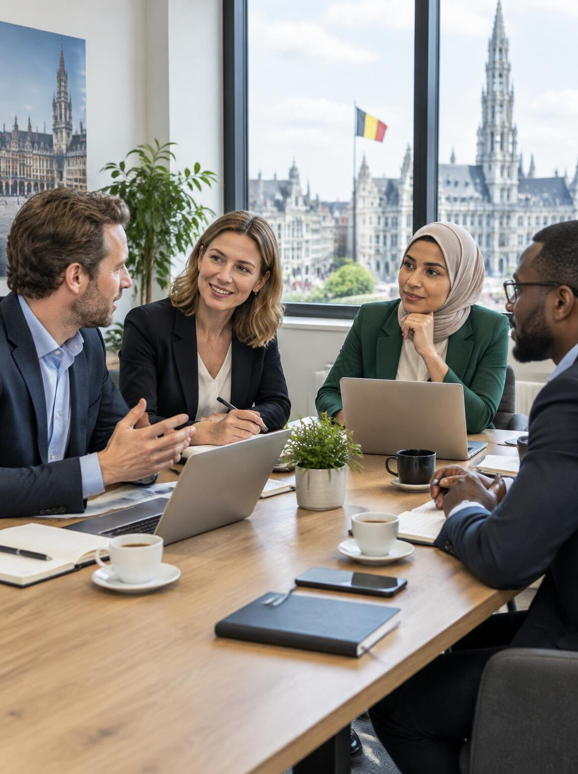 Business team meeting around a conference table with laptops and notes