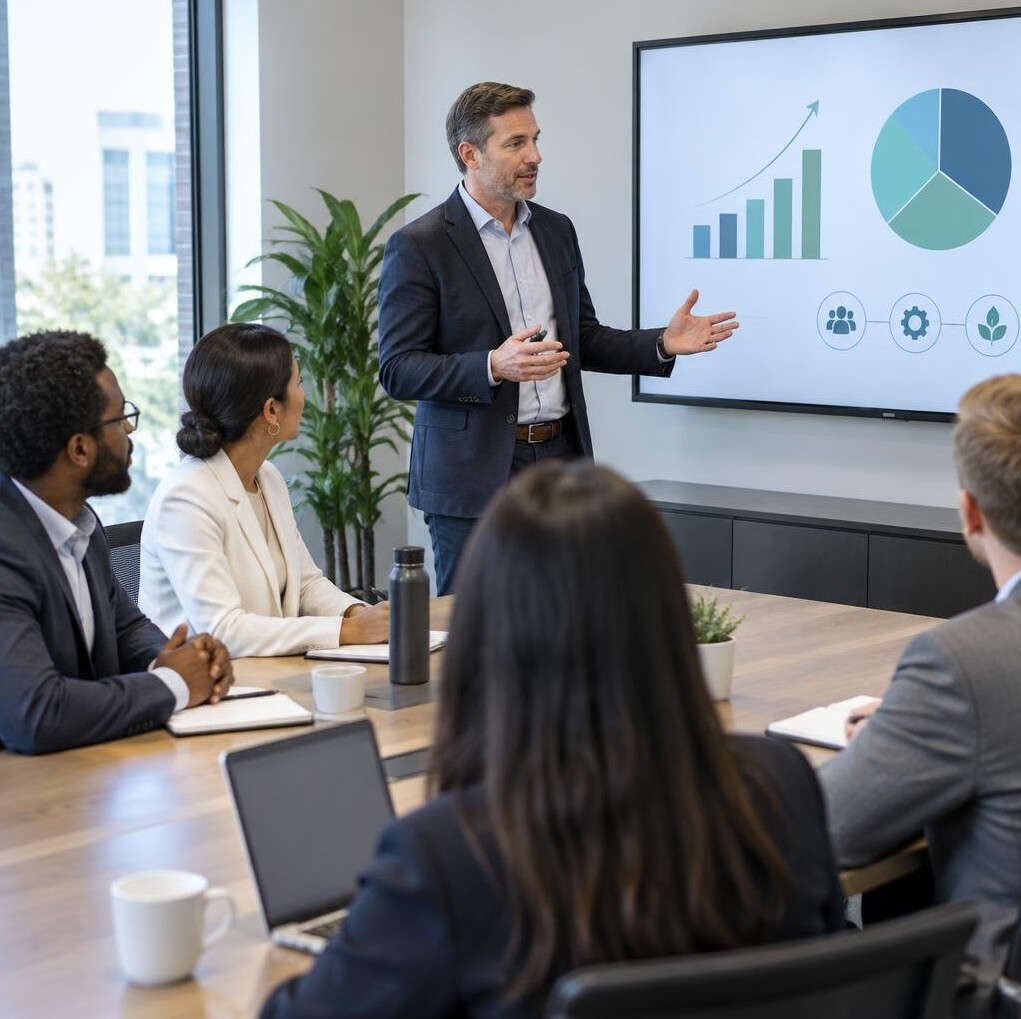 Presenter facing a business audience in a meeting room